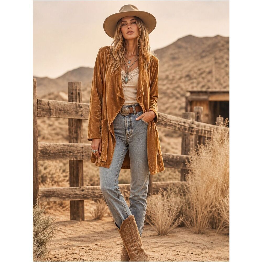 Amaryllis Golden Brown Velvet Open-Front Women's Jacket Boho Western Aesthetic